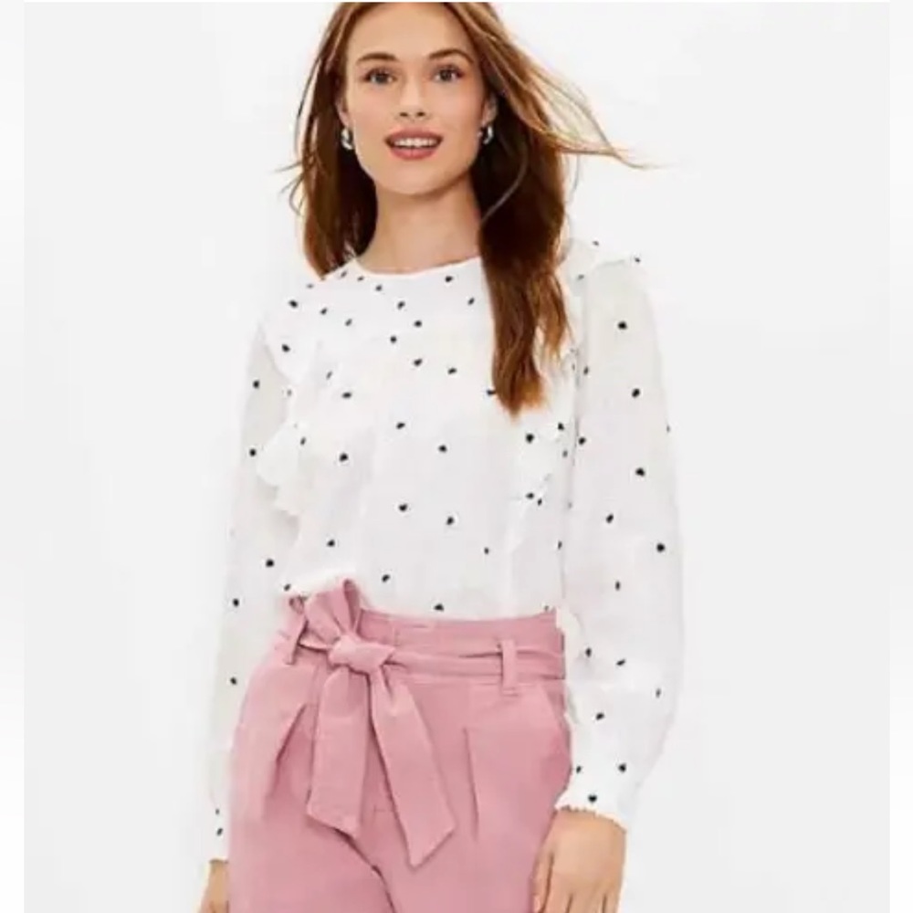 NEW Ann Taylor LOFT Heart Smocked Ruffle Blouse Top Shirt S Small White Black